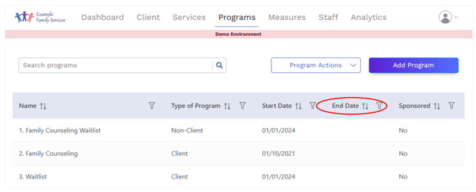 Program Table Program End Date